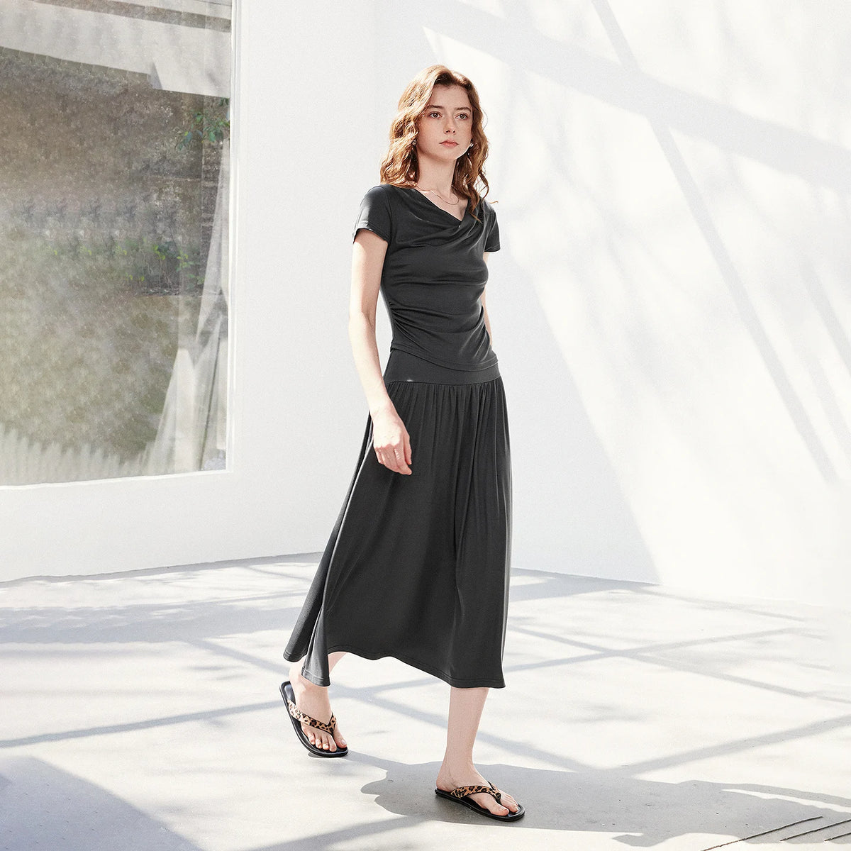 Draped Top and Midi Skirt Set