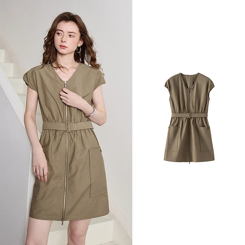 Zip-Front Belted Mini Dress