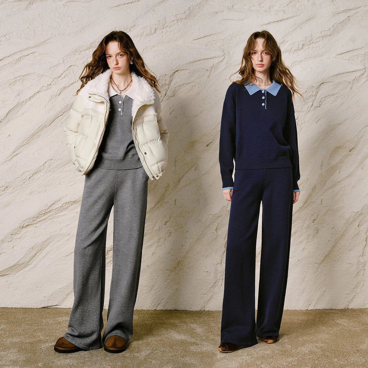 Contrast-Collar Knit Pants Set