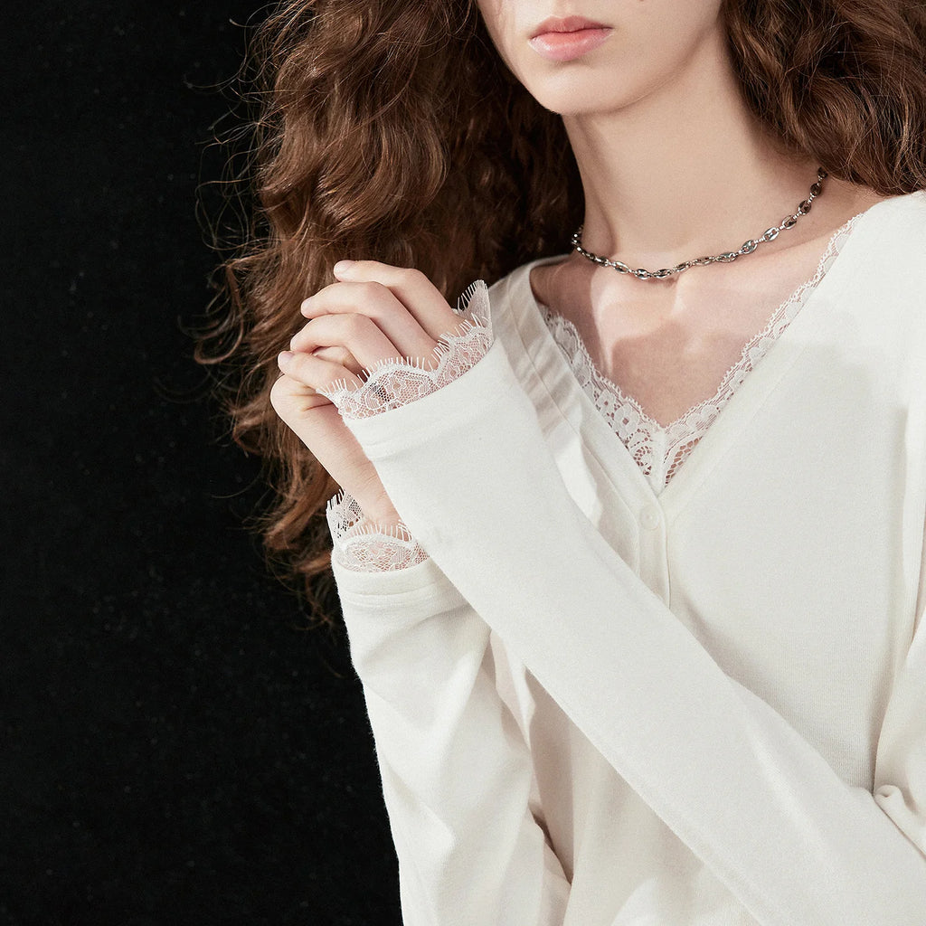 Layered-Look Lace-Trim Henley Top