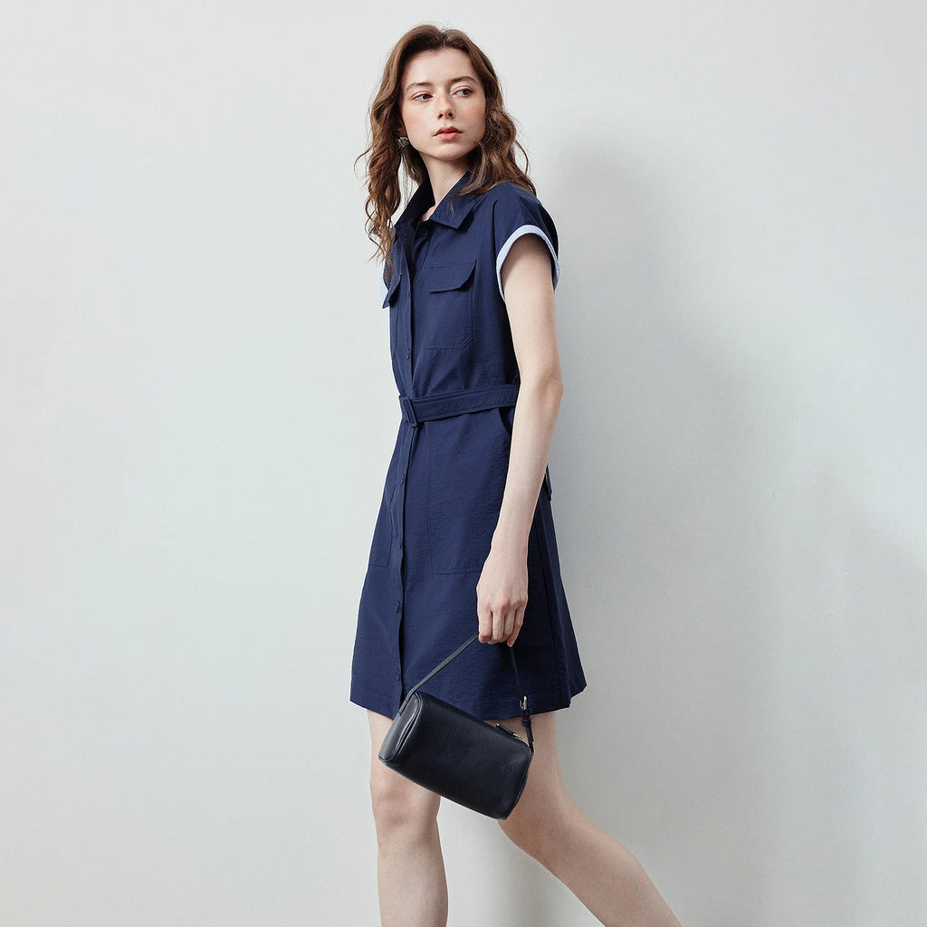 Contrast-Trim Belted Shirt Dress