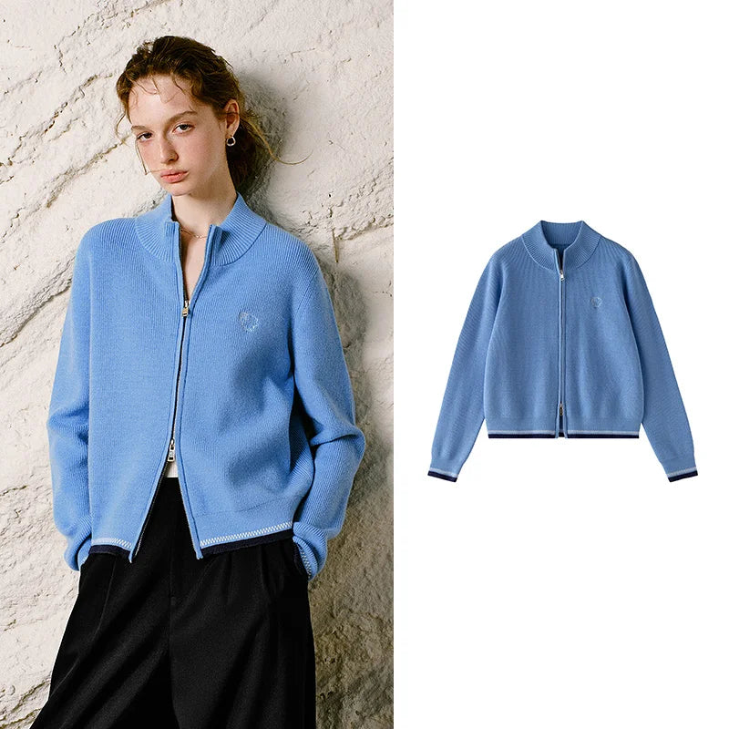 Stand-Collar Zip Knit Cardigan