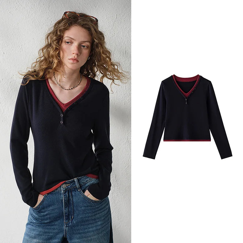 Contrast-Trim V-Neck Long-Sleeve Top
