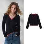 Contrast-Trim V-Neck Long-Sleeve Top