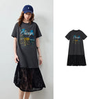 Lace-Hem Graphic T-Shirt Dress