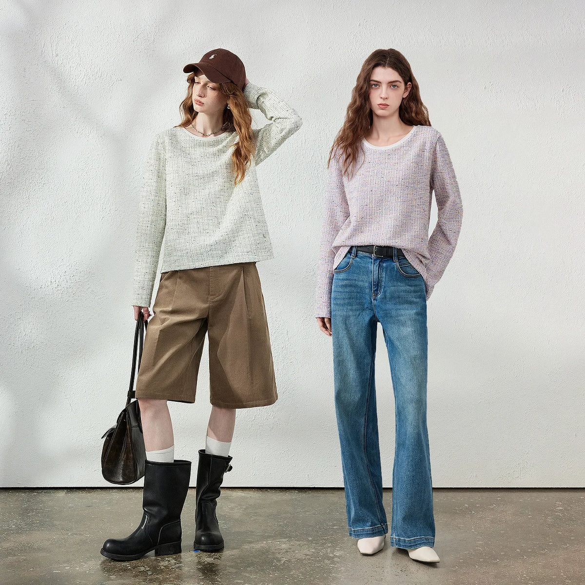 Textured Crewneck Long-Sleeve Knit Top