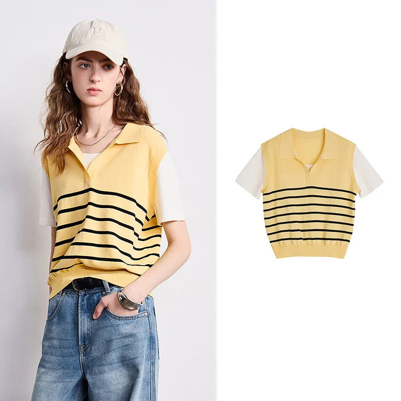 Layered-Look Striped Polo Top