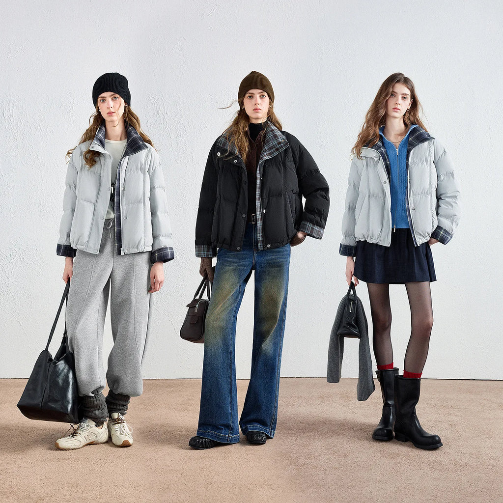 Plaid-Trim Puffer Jacket