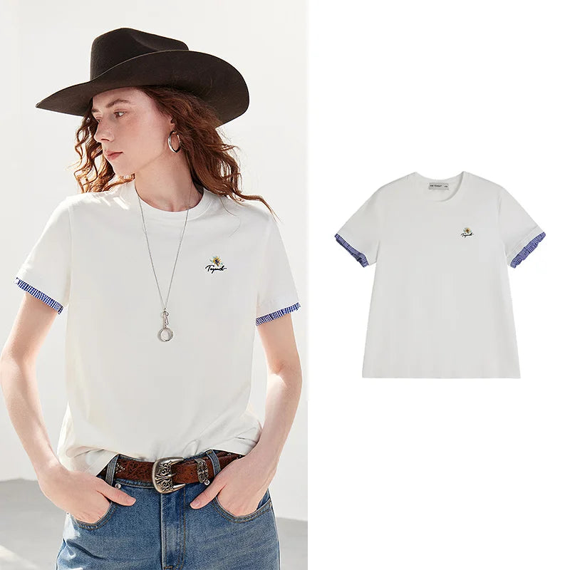 Plaid-Cuff Short-Sleeve Tee