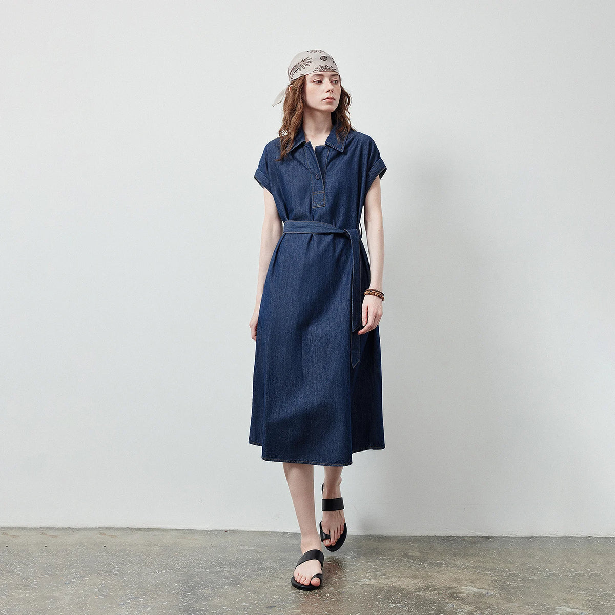 Belted Denim Midi Shirt Dress