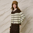 Contrast-Stripe Crewneck Cardigan