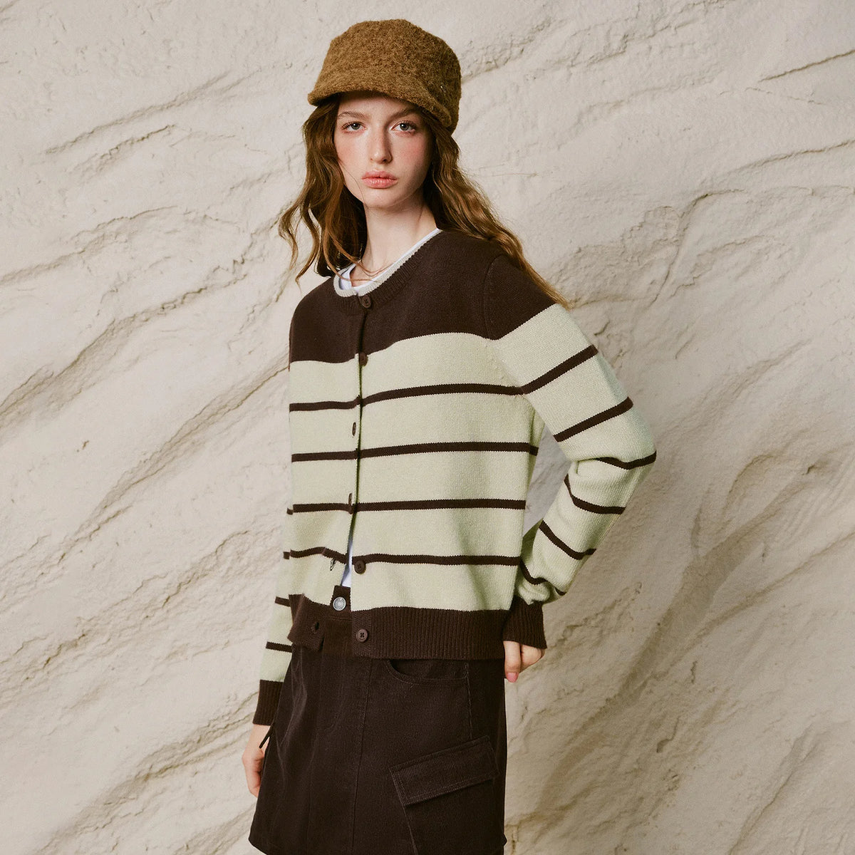 Contrast-Stripe Crewneck Cardigan