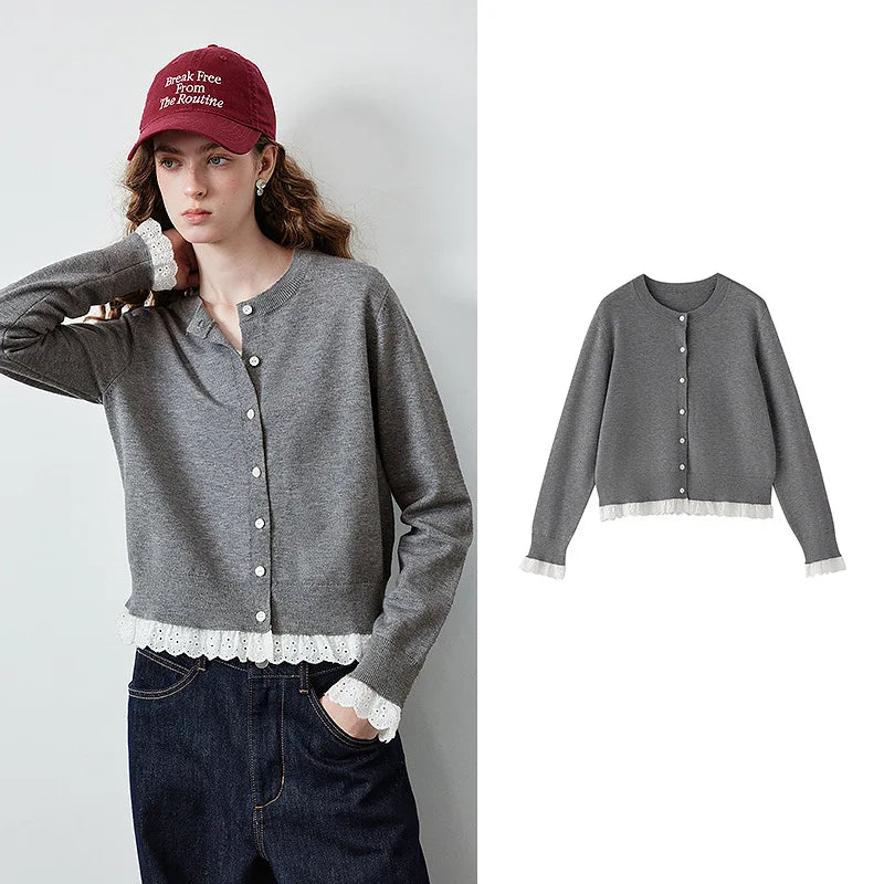 Lace-Trim Cropped Knit Cardigan