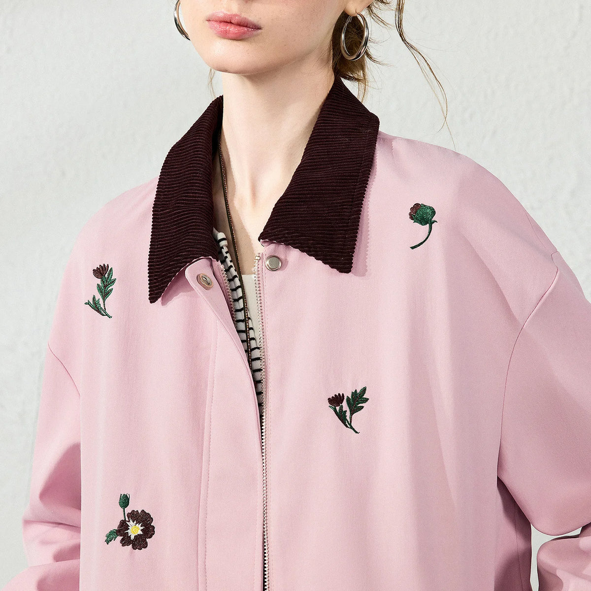 Floral-Motif Contrast-Collar Jacket