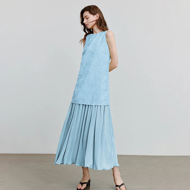 Layered-Look Pleated Sleeveless Dress