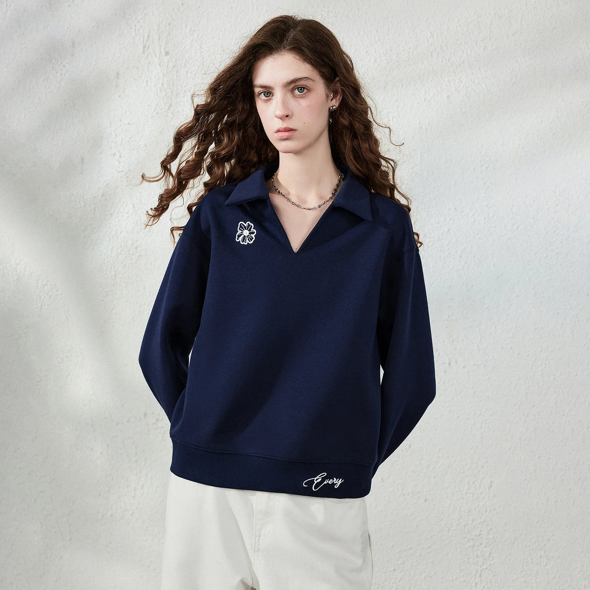 Decorative-Motif Polo Sweatshirt