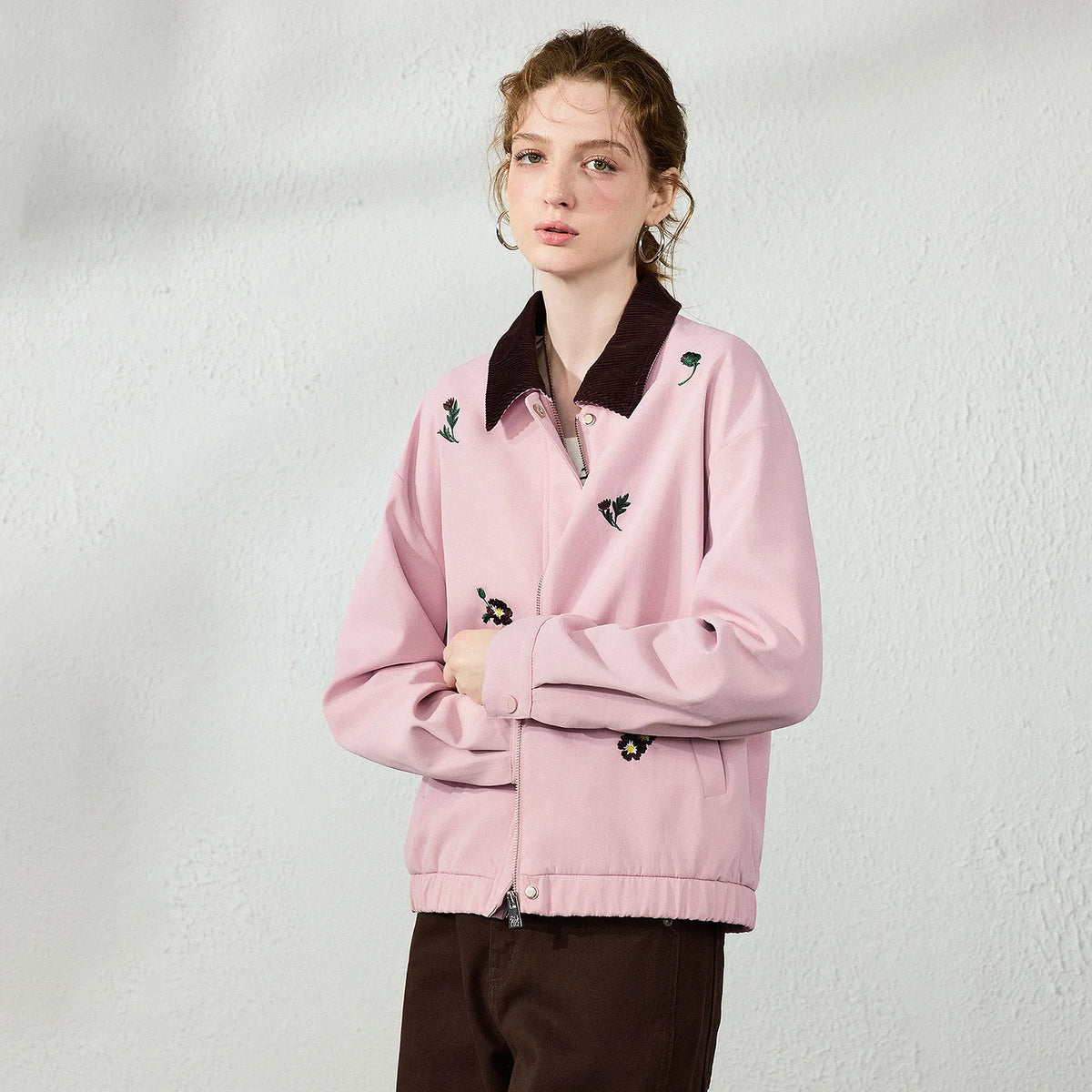 Floral-Motif Contrast-Collar Jacket