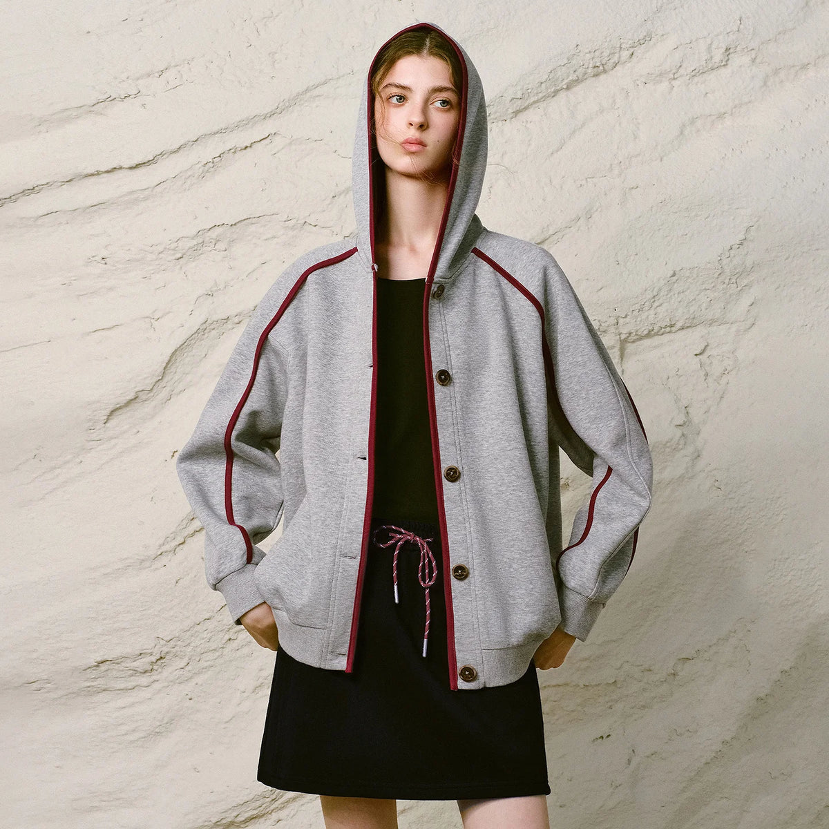 Contrast-Trim Button-Front Hoodie