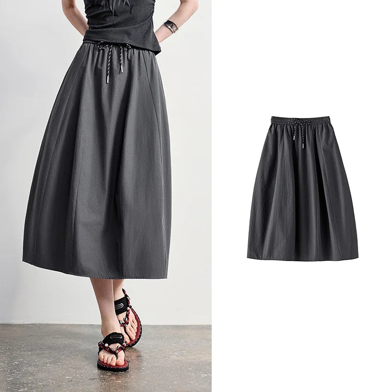 Drawstring A-Line Midi Skirt