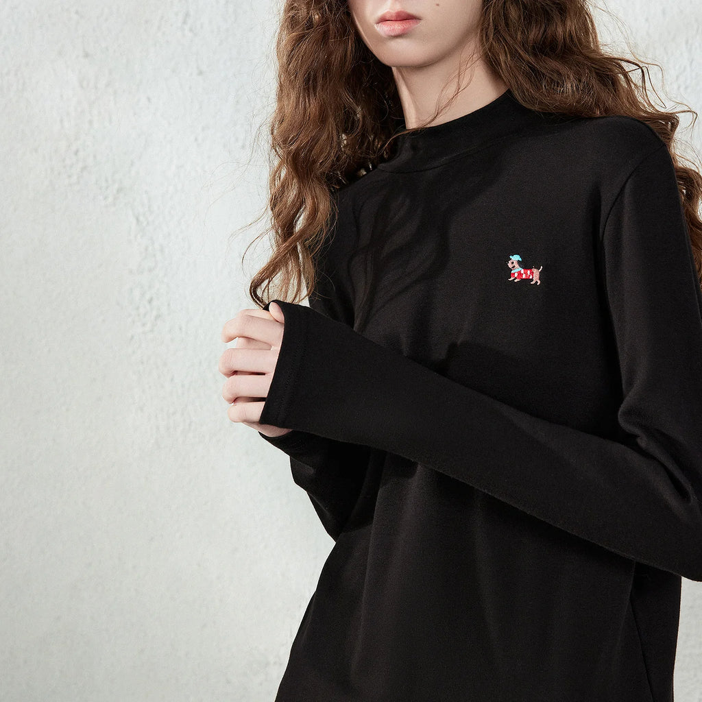 Dog-Detail Mock-Neck Long-Sleeve Tee