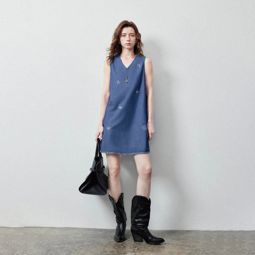 Sea-Motif V-Neck Mini Dress