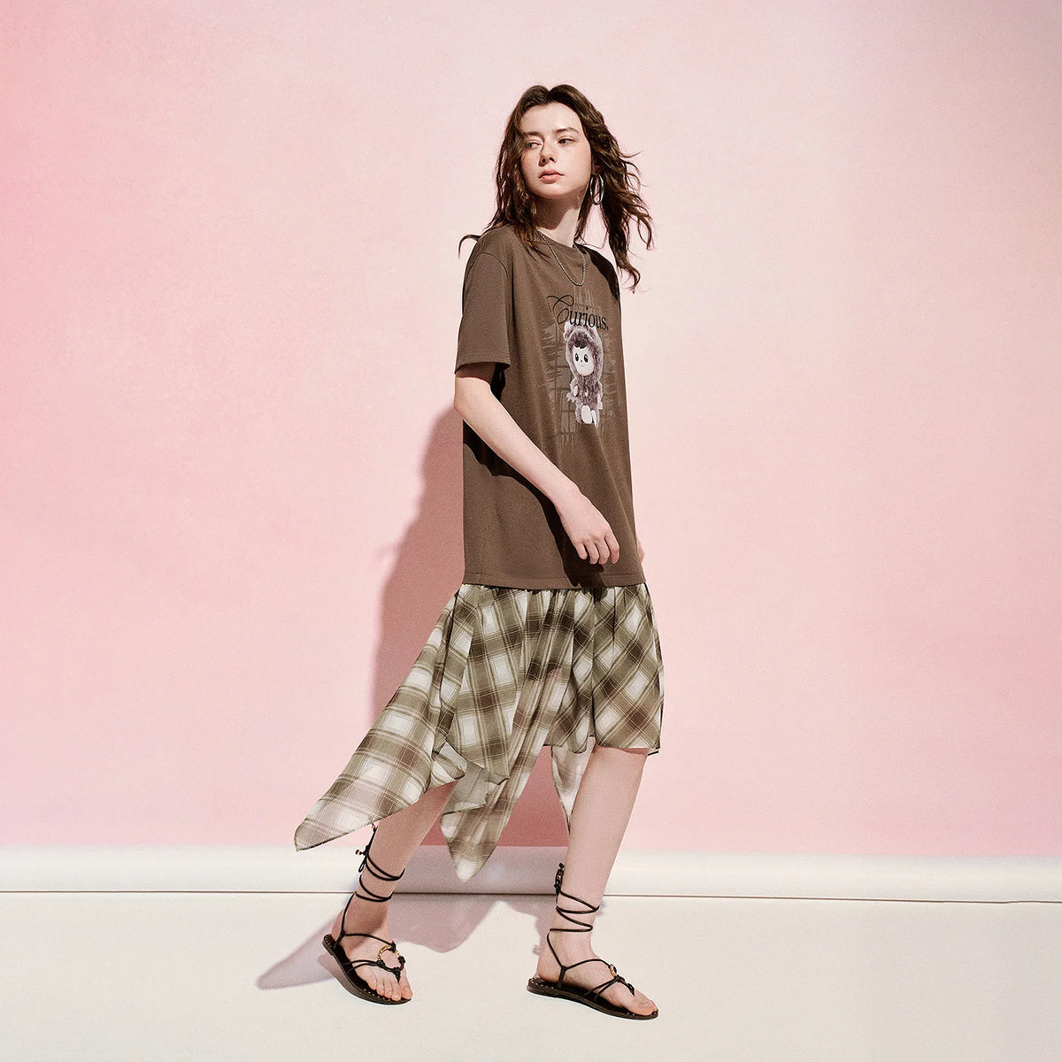 Graphic Layered-Look Plaid Dress