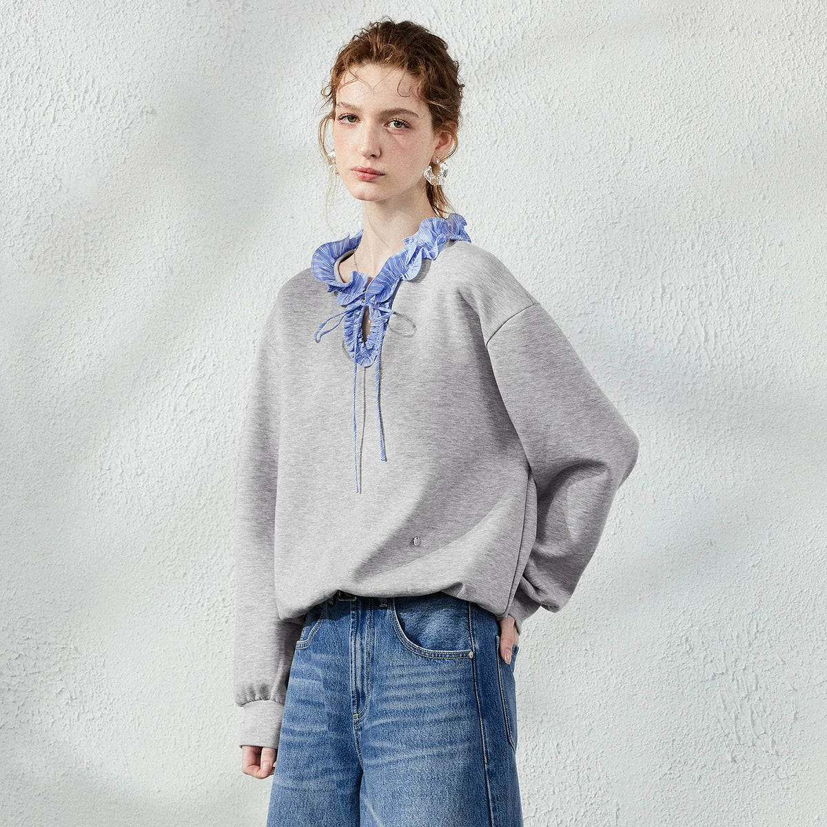 Ruffle-Neck Tie-Detail Sweatshirt