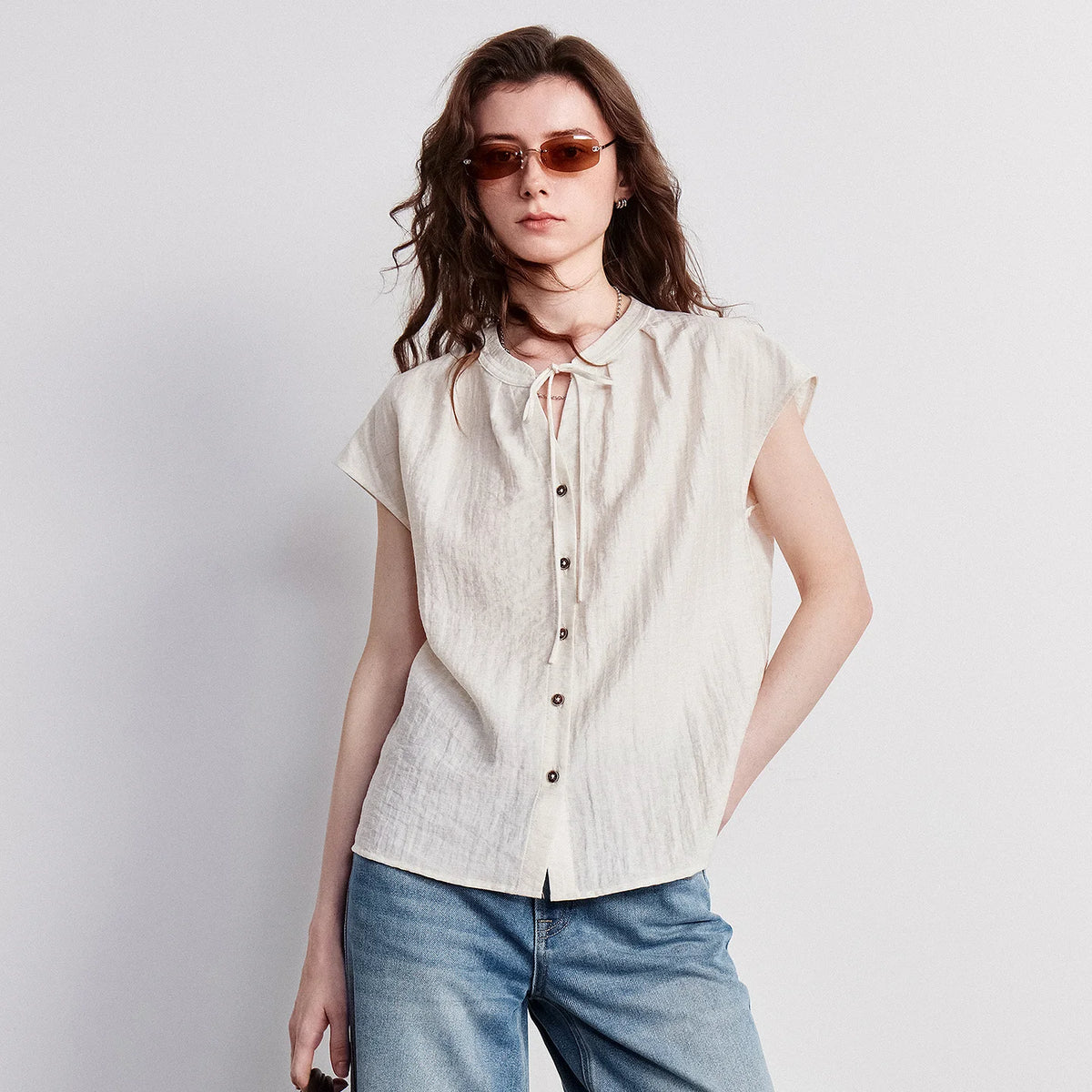 Tie-Neck Cap-Sleeve Blouse