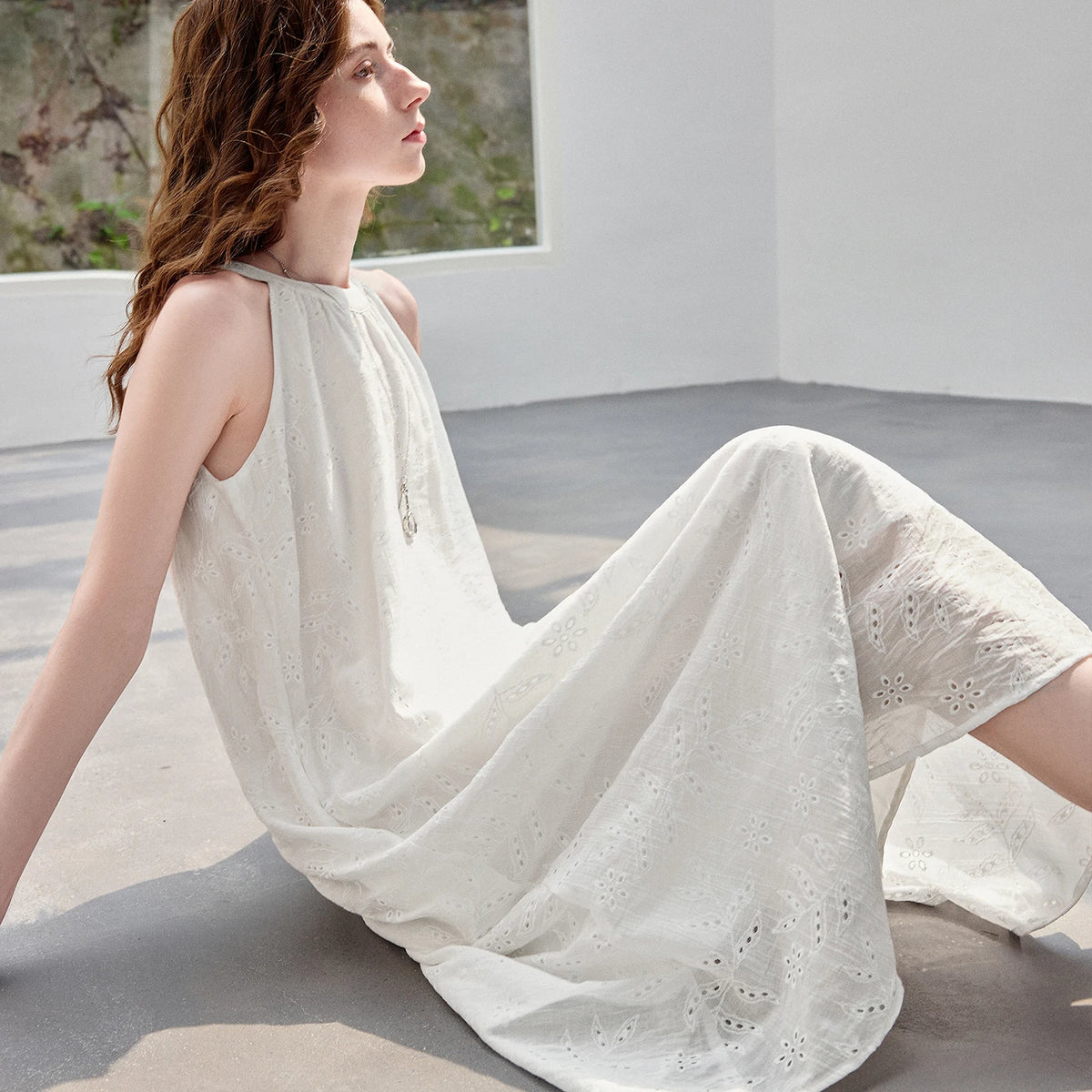 Halter-Neck Eyelet Midi Dress