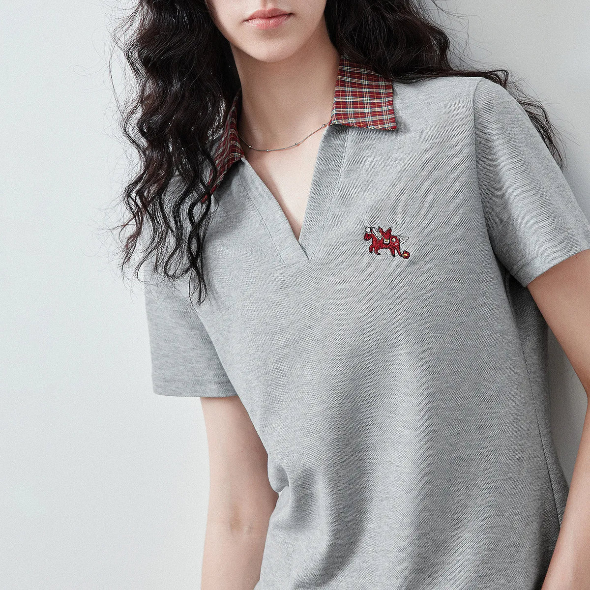 Layered-Look Plaid-Collar Polo Top