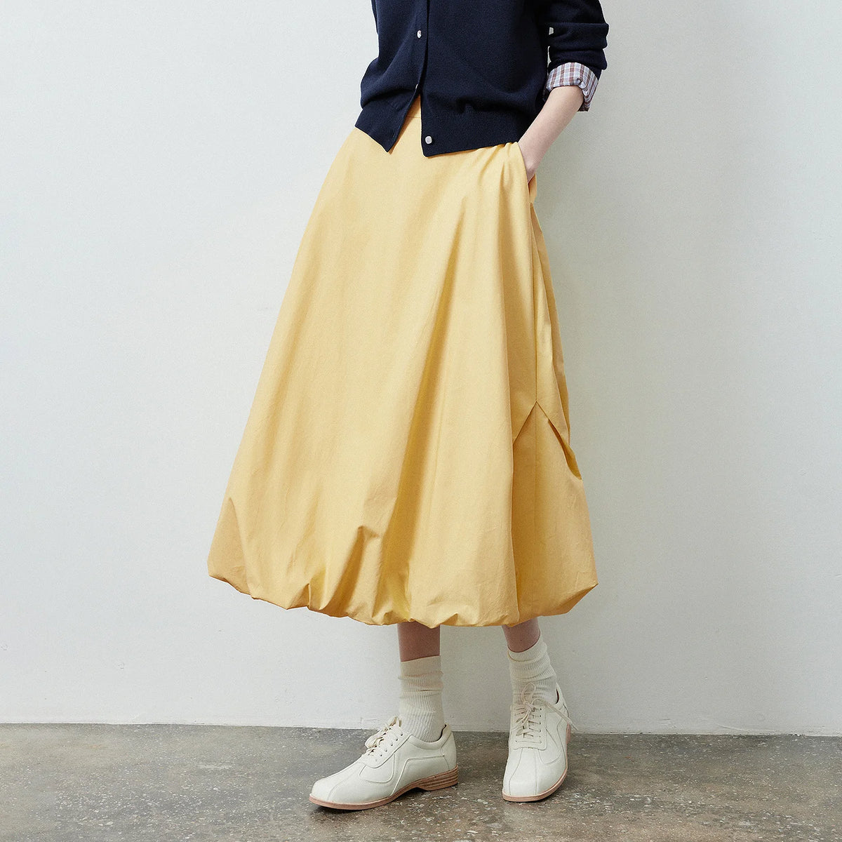 Gathered Bubble-Hem Midi Skirt