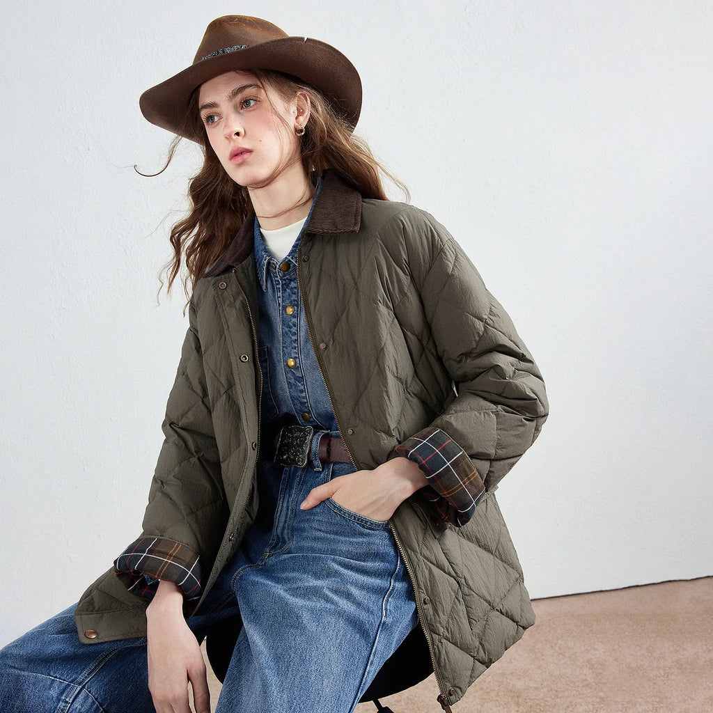 Diamond-Quilted Plaid-Trim Jacket