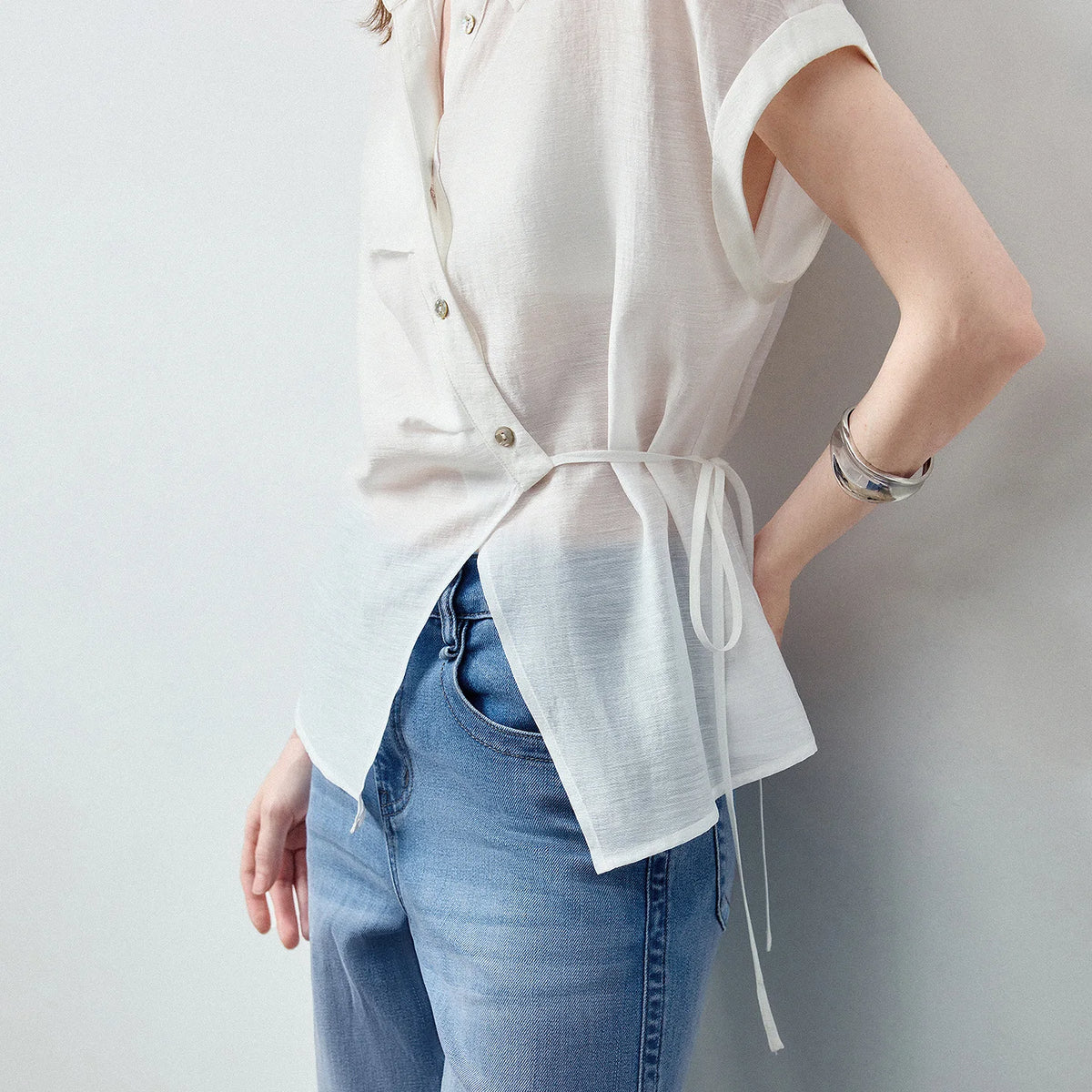 Rolled-Cuff Short-Sleeve Blouse