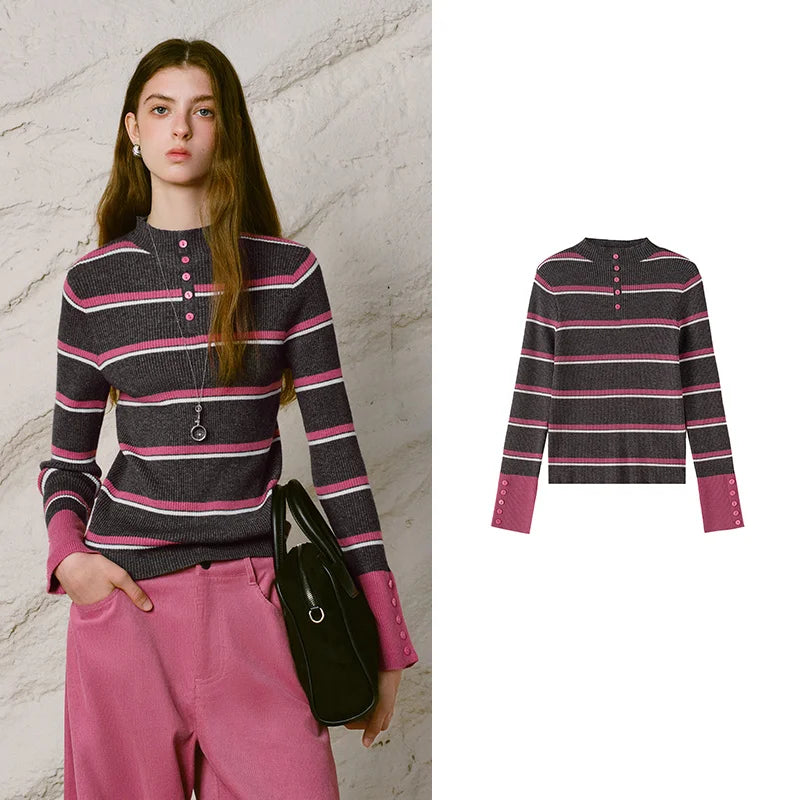 Striped Button-Neck Sweater