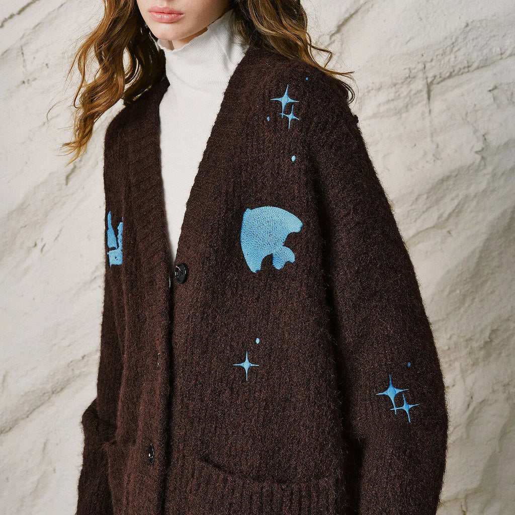 Horse-Motif V-Neck Knit Cardigan