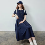 Short-Sleeve Pleated Midi Dress
