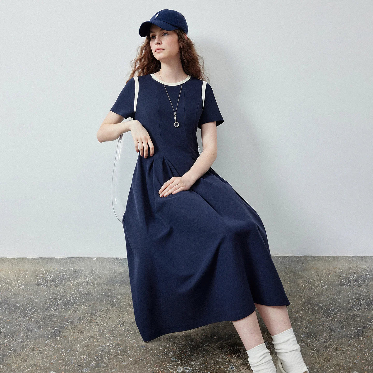 Short-Sleeve Pleated Midi Dress