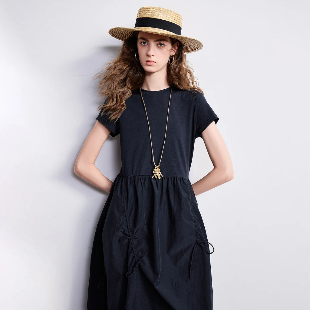 Short-Sleeve Paneled Midi Dress