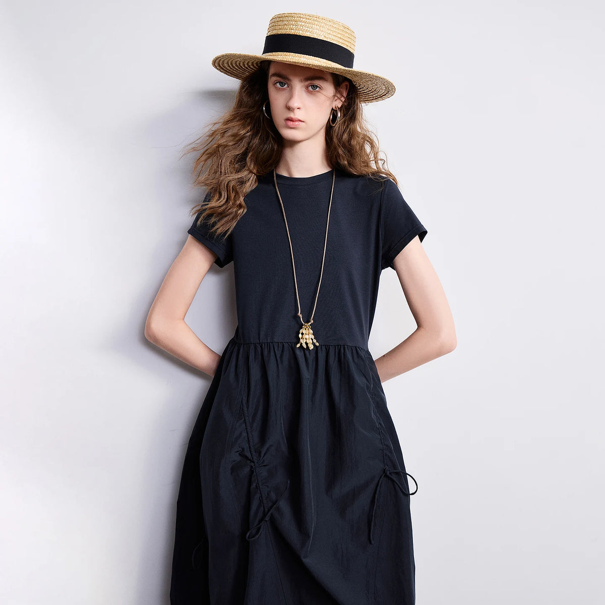 Short-Sleeve Paneled Midi Dress