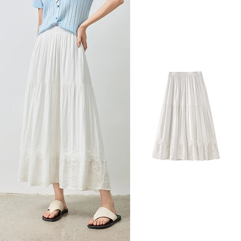 Lace-Trim Gathered Midi Skirt