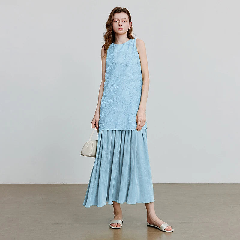 Layered-Look Pleated Sleeveless Dress