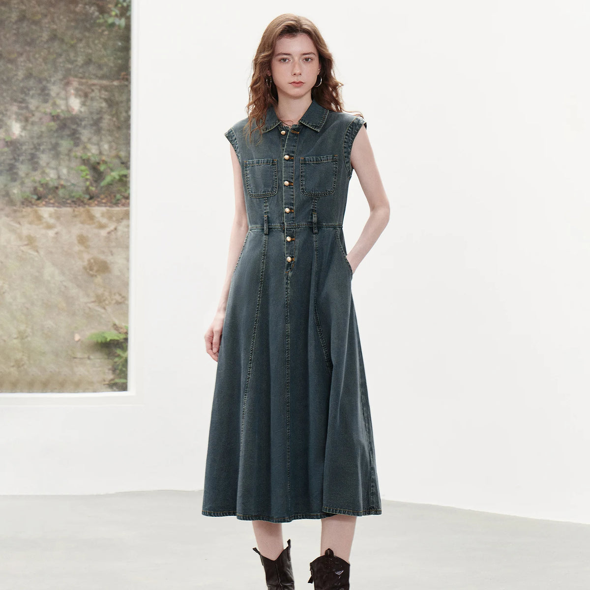 Sleeveless Button-Front Denim Dress