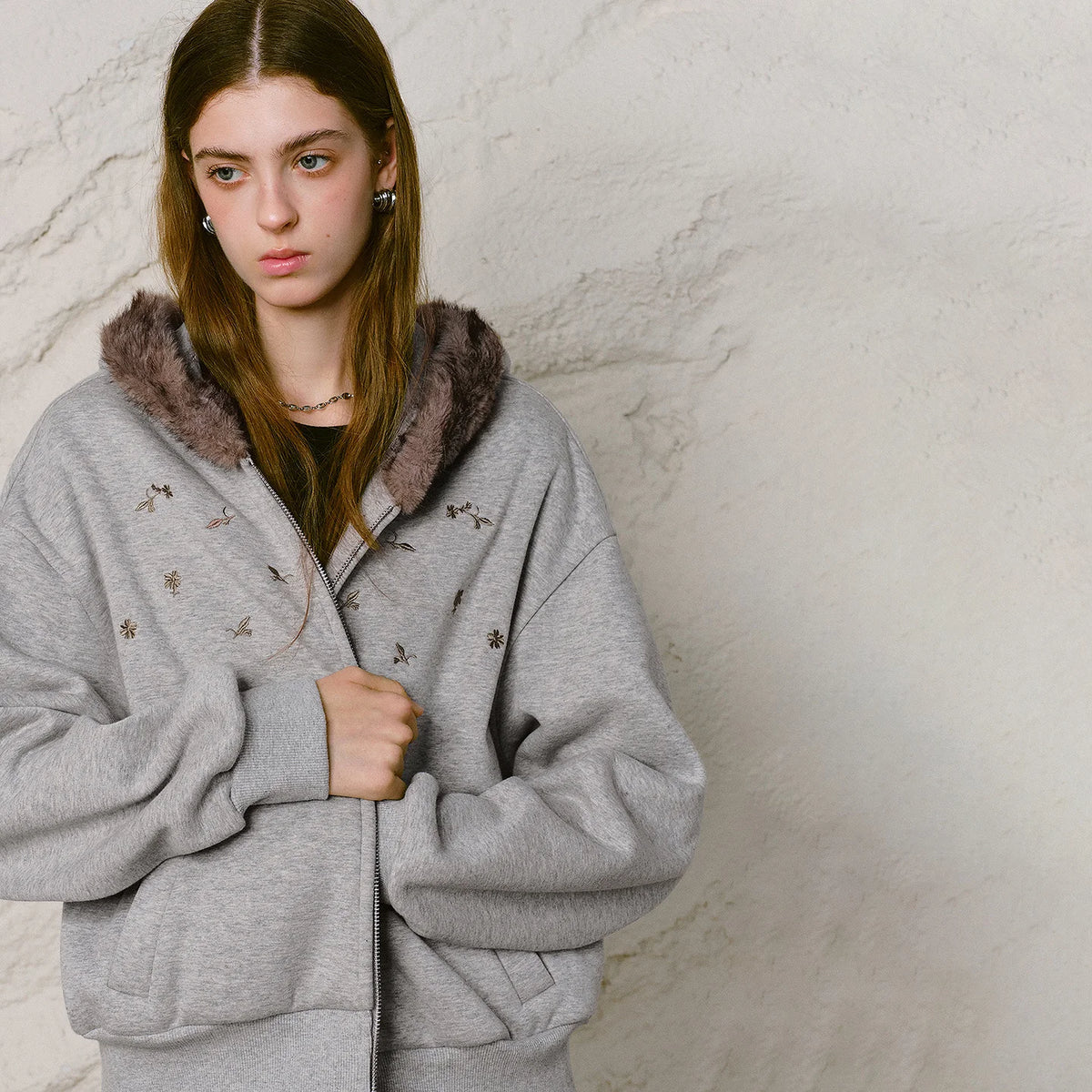 Floral-Motif Zip-Up Hoodie