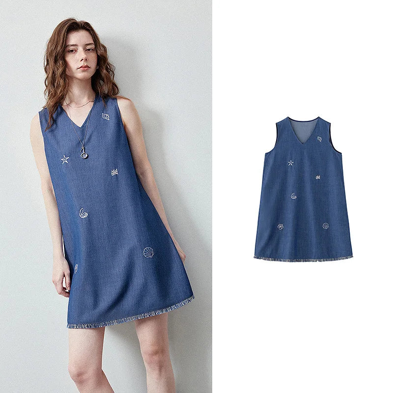 Sea-Motif V-Neck Mini Dress