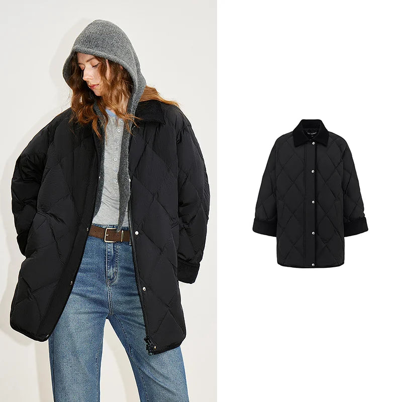 Diamond-Quilted Contrast-Collar Jacket