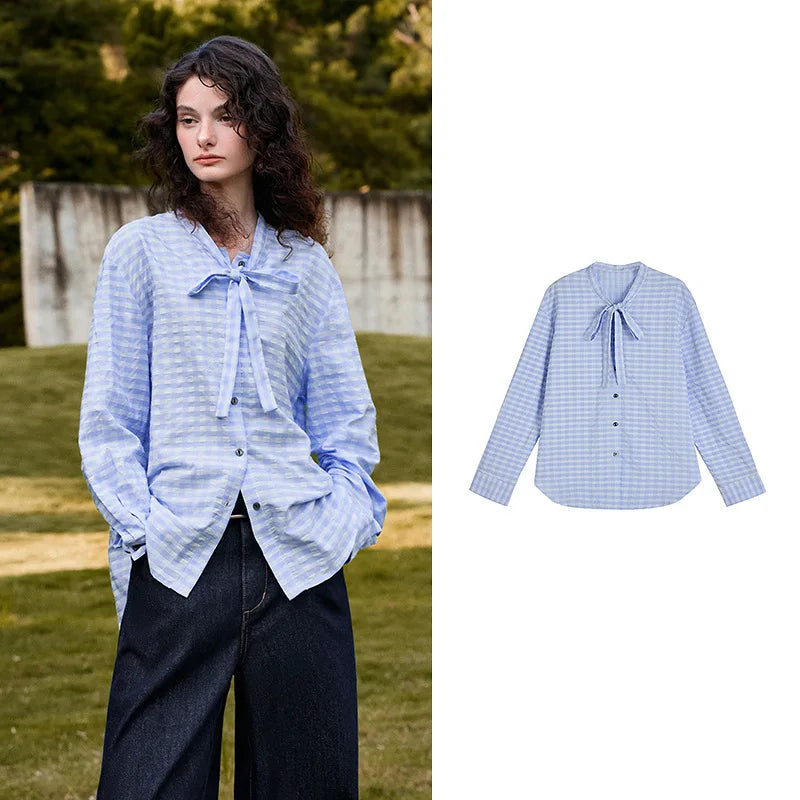 Striped Tie-Neck Button-Front Blouse