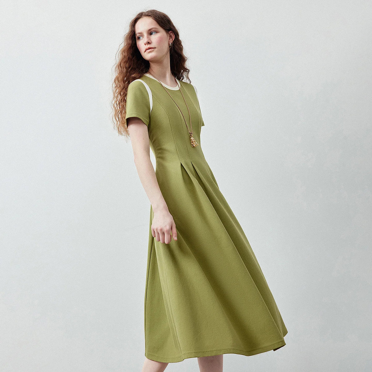 Short-Sleeve Pleated Midi Dress