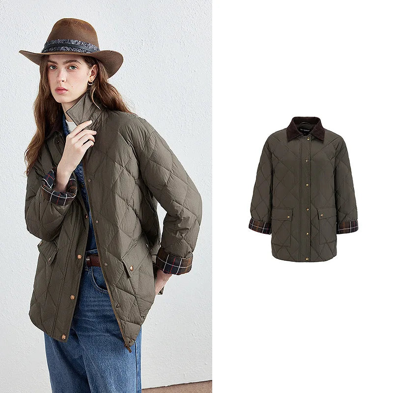 Diamond-Quilted Plaid-Trim Jacket