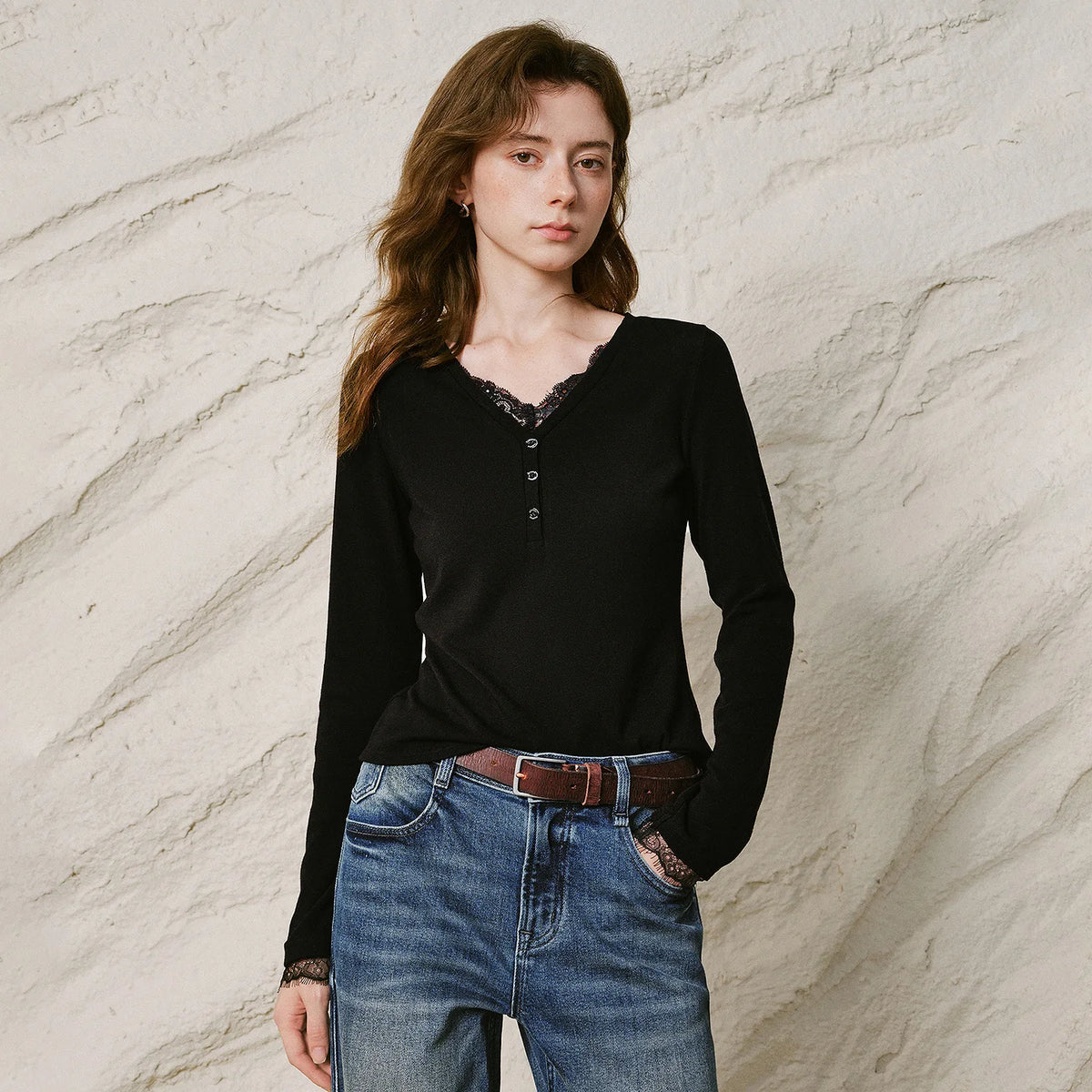 Layered-Look Lace-Trim Henley Top