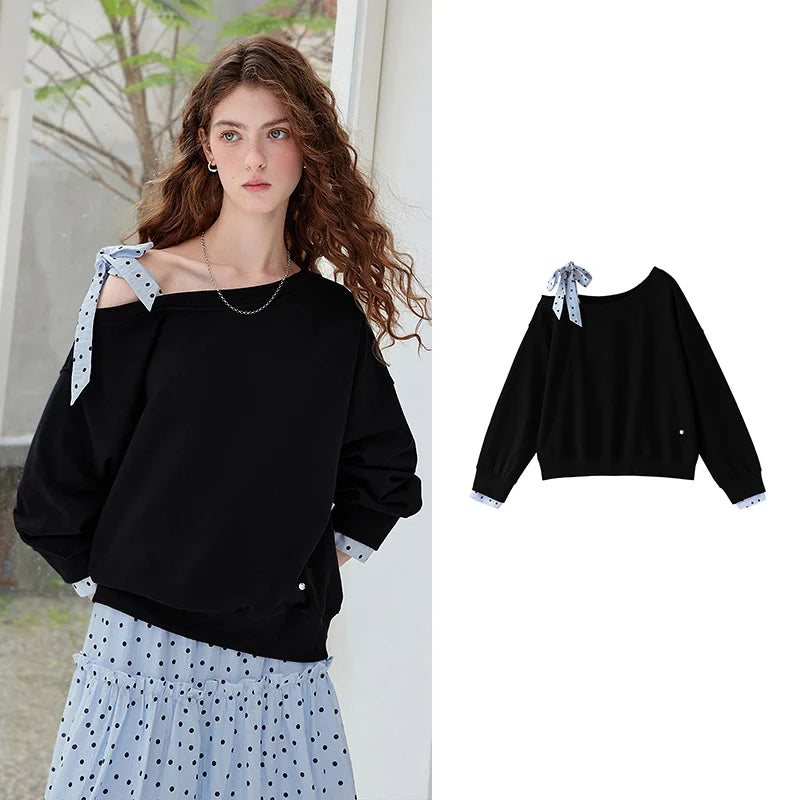 Asymmetric-Neck Bow-Detail Sweatshirt